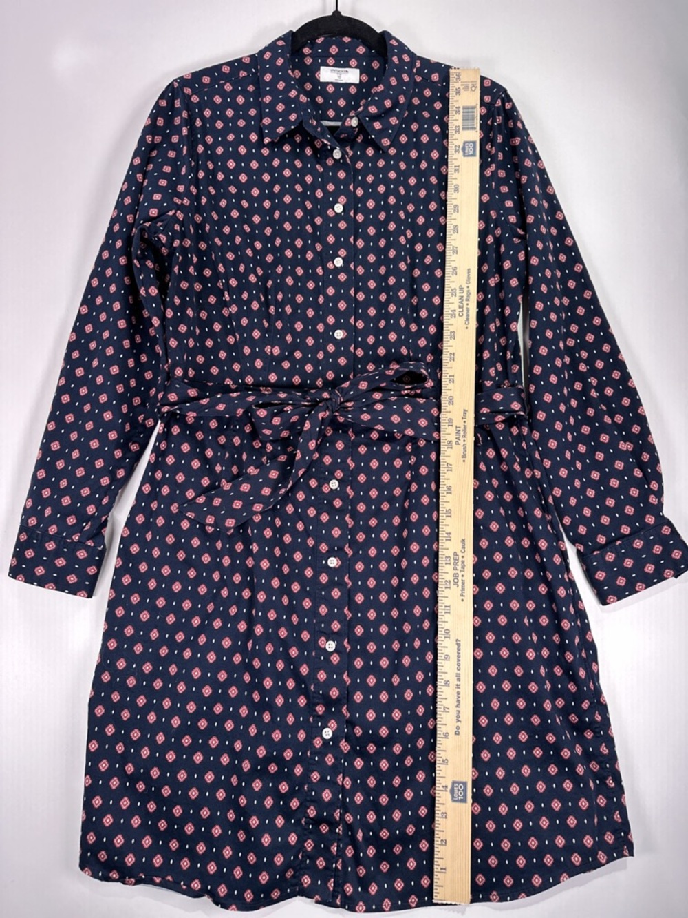 UNTUCKit Marie Shirt Dress Belted Button Front Geometric Navy Size 10 - Picture 13 of 13